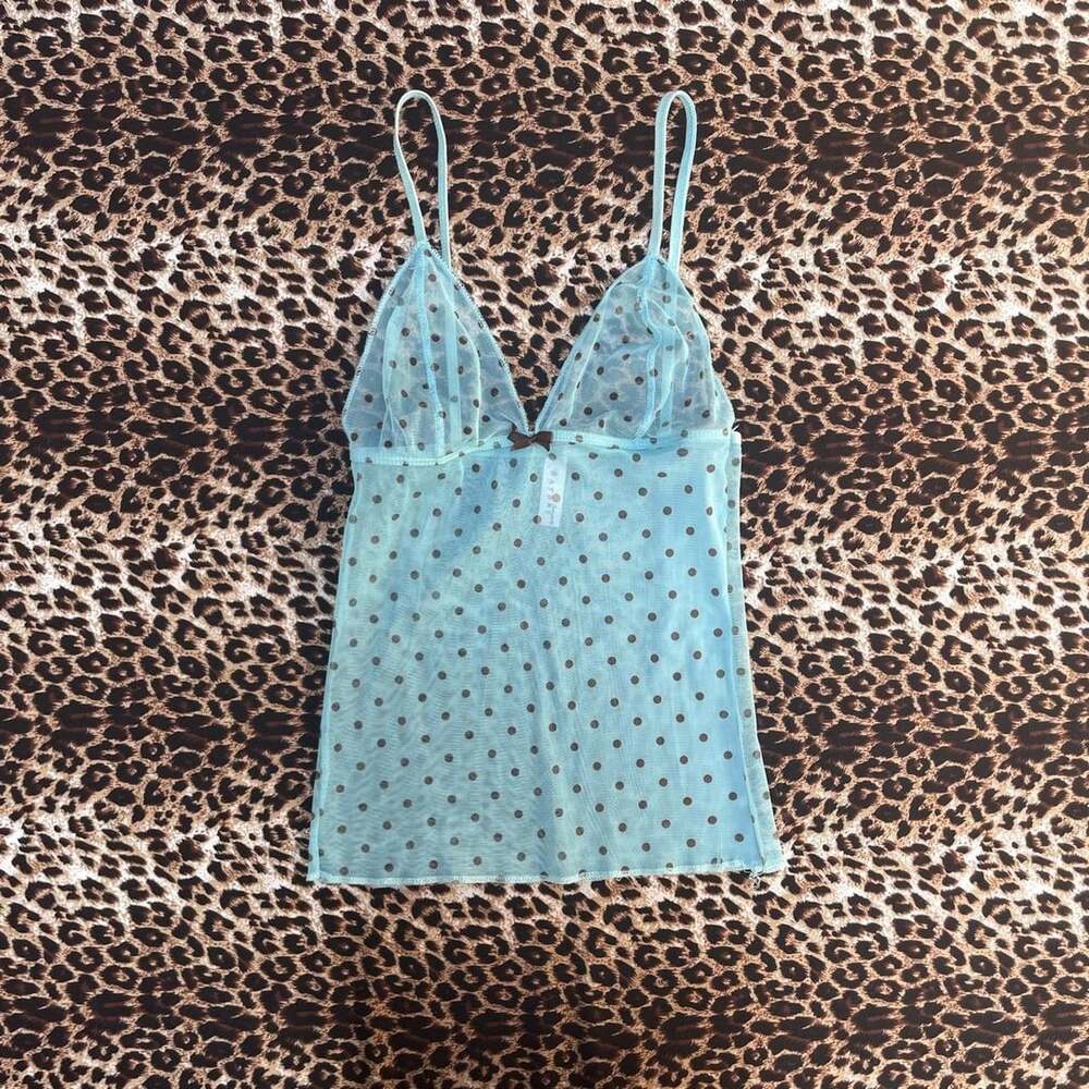 y2k baby blue polka dot mesh cami